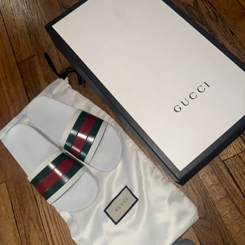 Gucci White, Green, and Red Slide Sandals